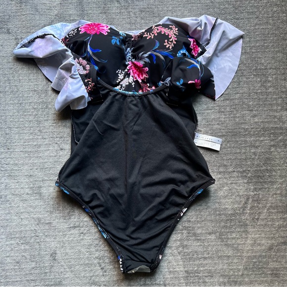 NEW Seafolly Sz 4 Winter Garden C/D Cup Bandeau One Piece Swimsuit Floral Black - Picture 10 of 15